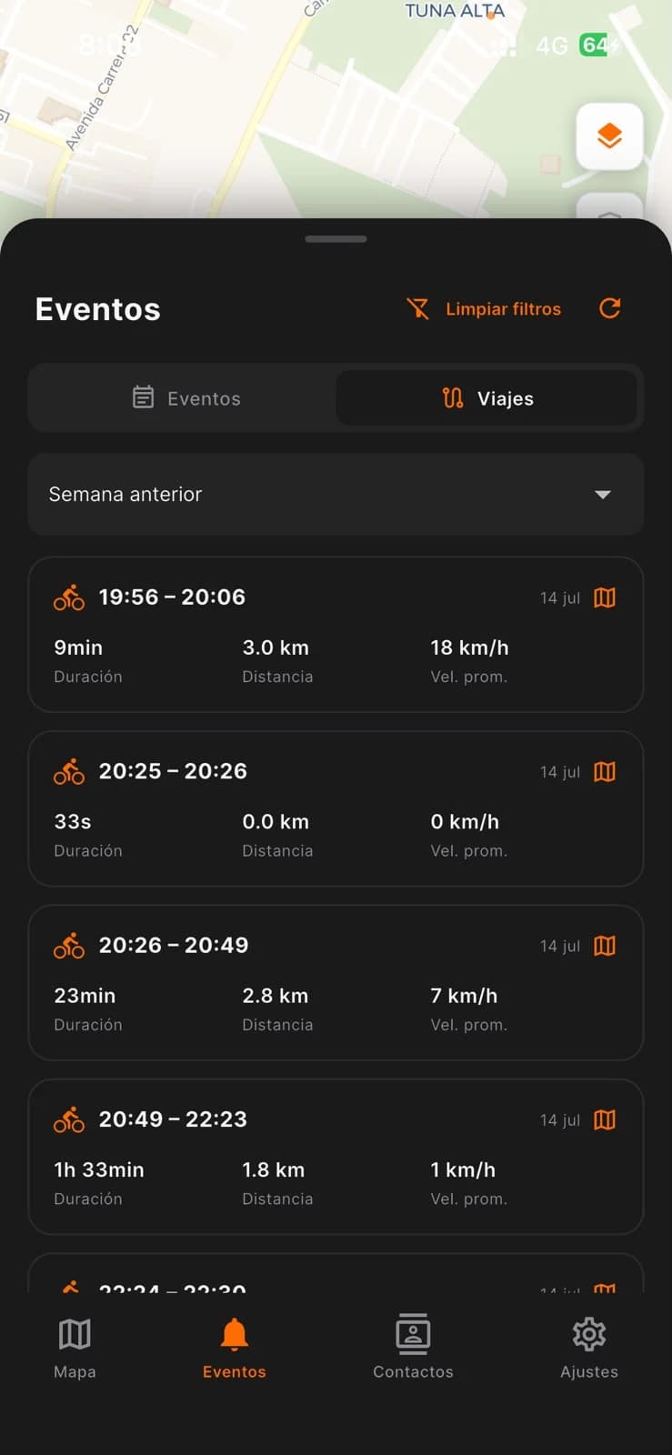 App Nivix mostrando el listado de viajes con duración, distancia y velocidad promedio